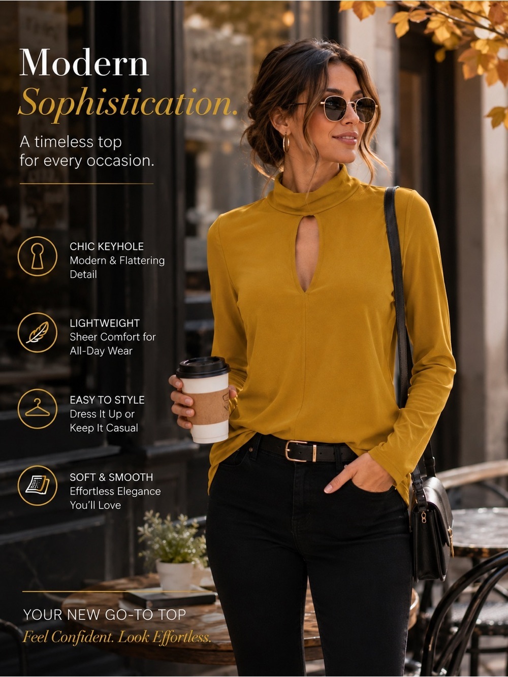 DKNY Mustard Keyhole Mock Neck Long Sheer Sleeved Top